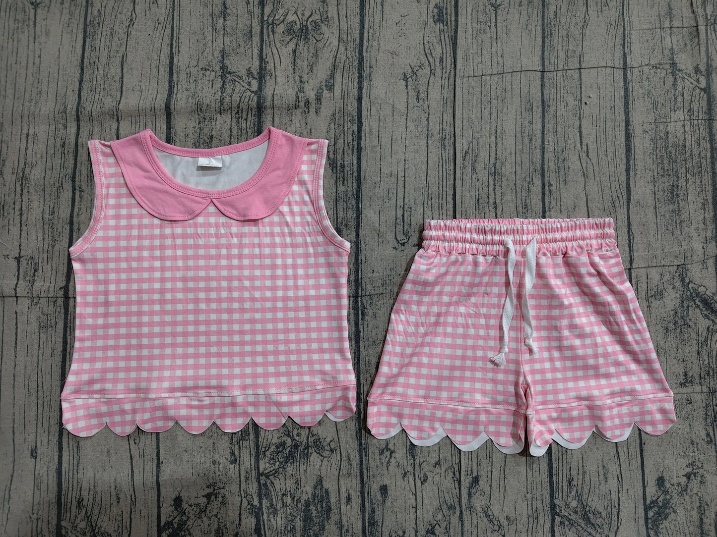 Preorder Baby Girls Kids Shirt Scallop Shorts Summer Set Pink Plaid Clothes