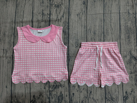 Preorder Baby Girls Kids Shirt Scallop Shorts Summer Set Pink Plaid Clothes