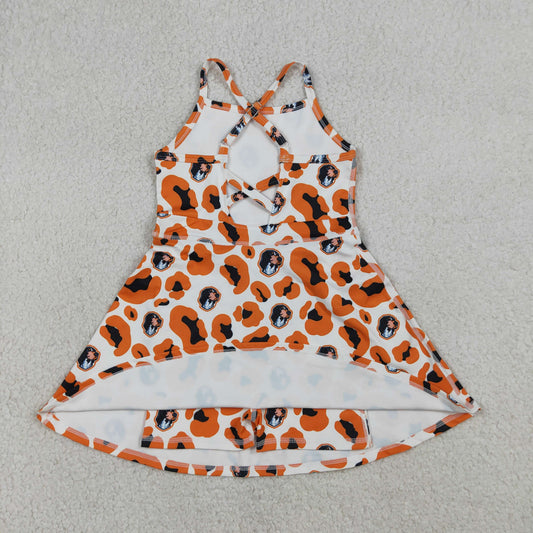 RTS Baby Girls Kids Straps Orange Leopard Dogs Team Yoga Active Shorts Knee Length Dress