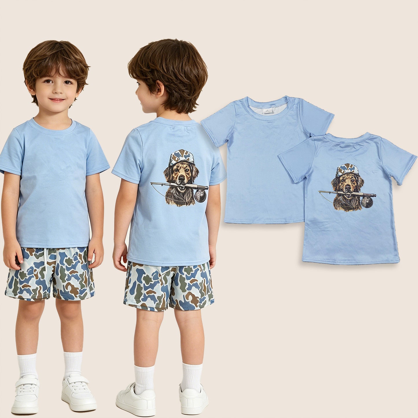 BSSO1999 Baby Boys Kids Blue Short Sleeves Dog Fishing Shirt Camo Pockets Shorts Set