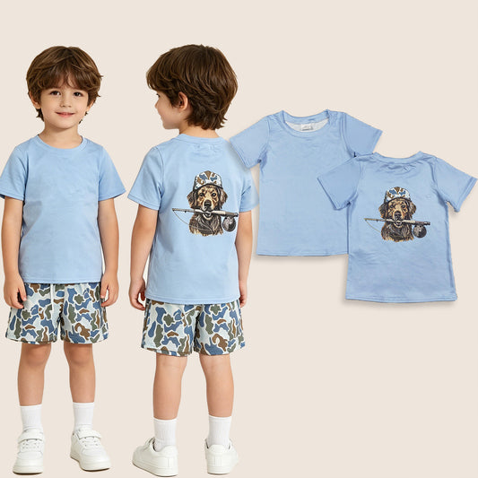 BSSO1999 Baby Boys Kids Blue Short Sleeves Dog Fishing Shirt Camo Pockets Shorts Set