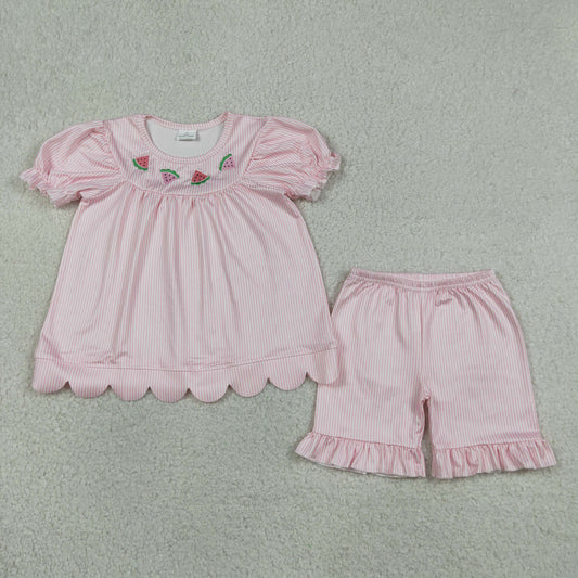 GSSO3239 Baby Girls Kids Embroidery Watermelon Scallop Tops Pink Stripes Shorts Summer Set