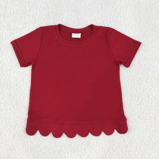 Baby Girls Kids Short Sleeves Scalloped Red Shirt Tops Cotton Clothes