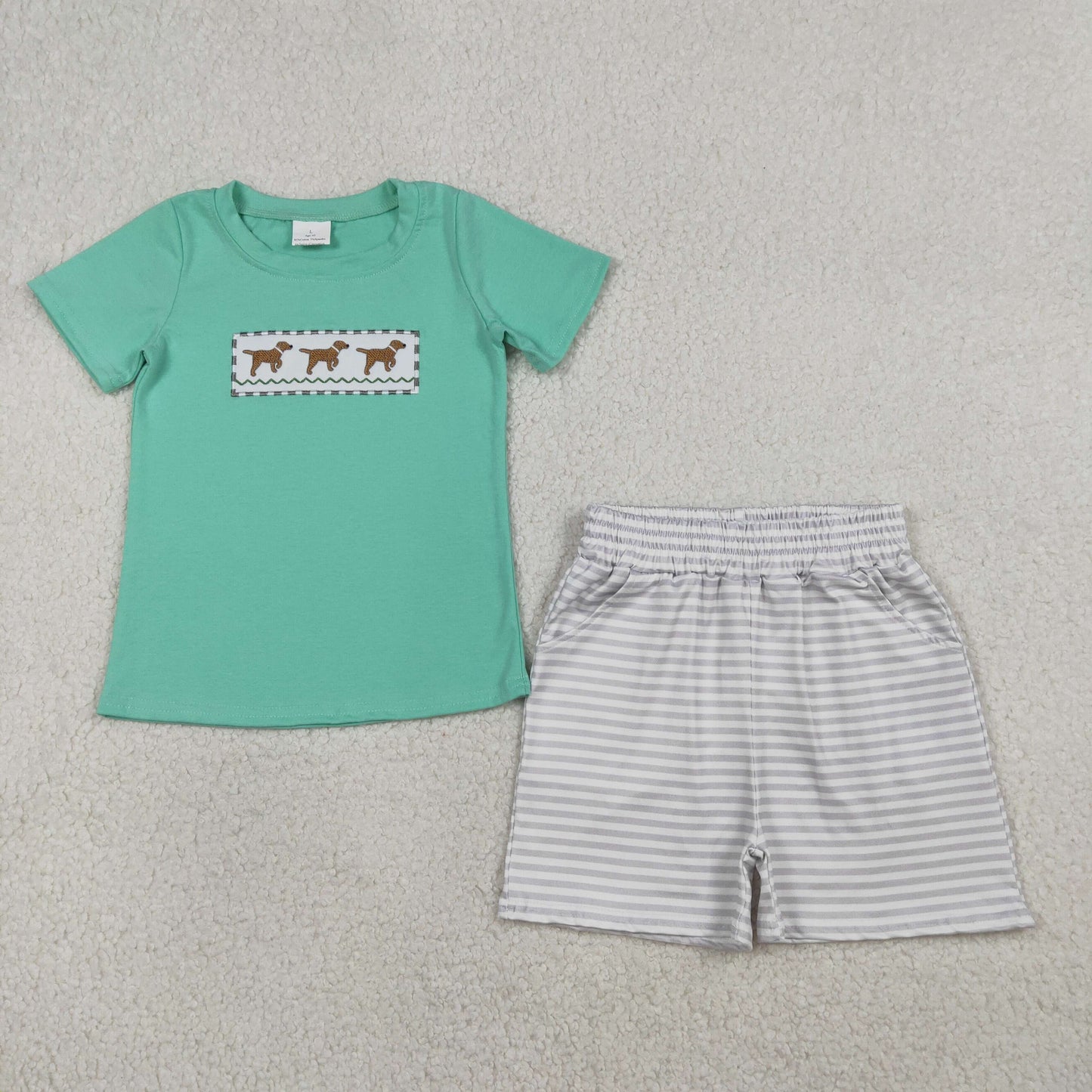 RTS Sibling Baby Boys Kids Embroidery Dogs Green Bubble Romper Set Summer Clothes