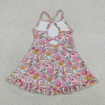 GSD2278 Baby Girls Kids Sleeveless Flower Shorts Knee Length Dress Yoga Pink Clothes