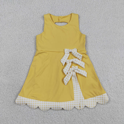 GSD3318 Baby Girls Sleeveless Yellow Plaid Bows with Shorts Yoga Scallop Dress