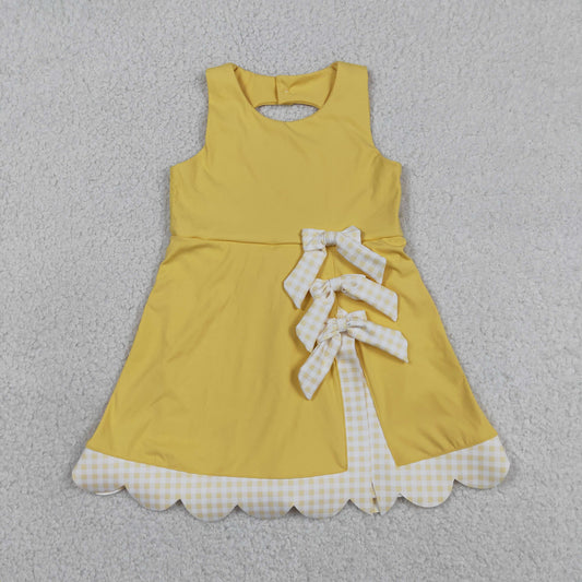 GSD3318 Baby Girls Sleeveless Yellow Plaid Bows with Shorts Yoga Scallop Dress