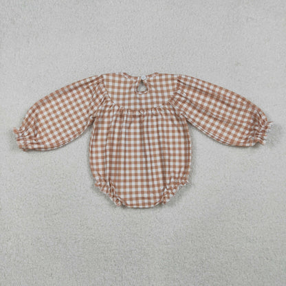 Baby Girl Long Sleeves Plaid Smocked Embroidery turkey Leaves Thanksgiving Romper