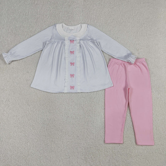 RTS Baby Girls Kids Long Sleeves Embroidery Bows Stripes Tunic Pink Legging Pants Clothes Set