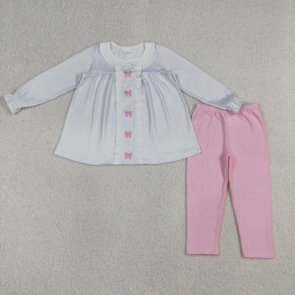 Sibling Baby Girls Kids Long Sleeves Embroidery Bows Stripes Tops Pants Clothes Sets