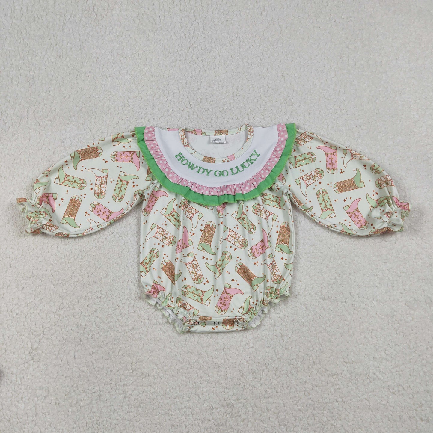 Baby Girls Long Sleeve Embroidery Howdy Boots Green Bubble Ruffle Romper