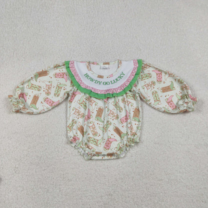 Baby Girls Long Sleeve Embroidery Howdy Boots Green Bubble Ruffle Romper