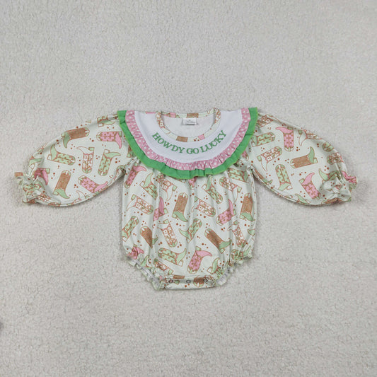 Baby Girls Long Sleeve Embroidery Howdy Boots Green Bubble Ruffle Romper