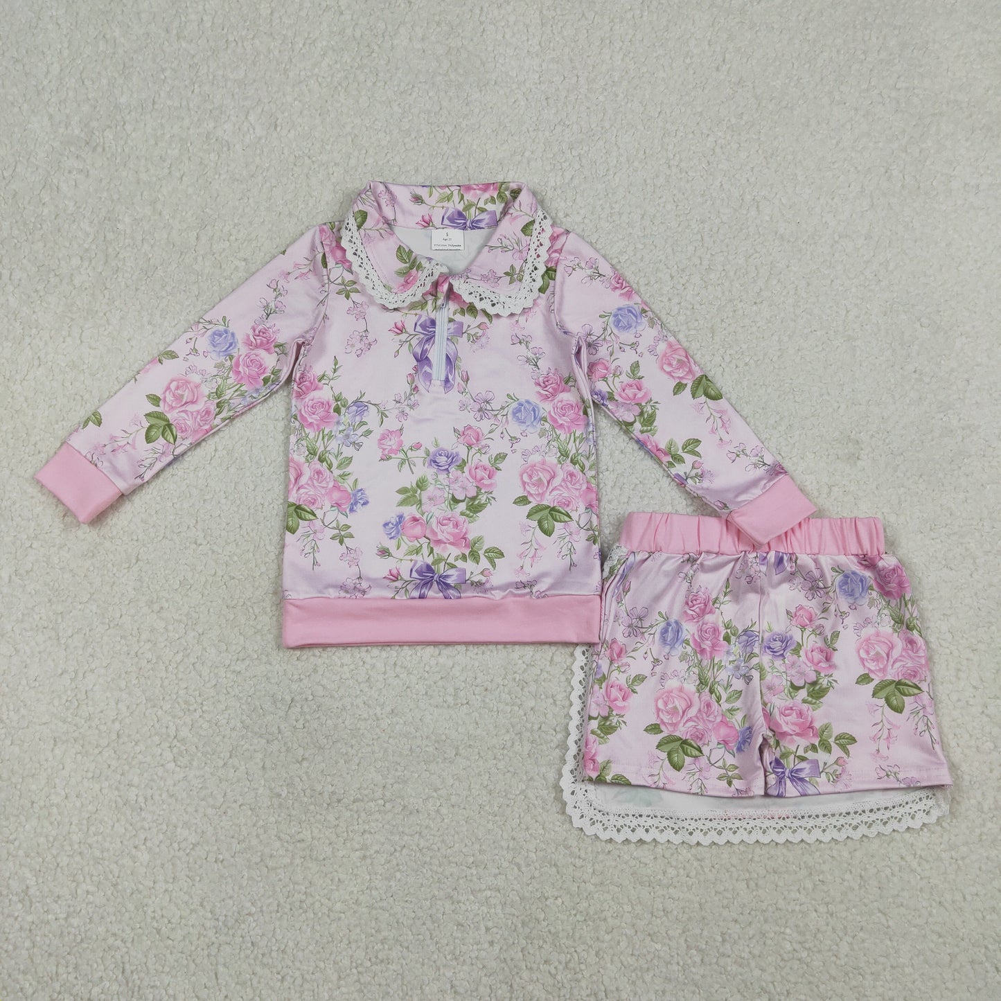 RTS Baby Girls Kids Long Sleeves Flower Zipper Tops Shorts Skirt Pink Clothes Set