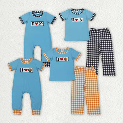 Sibling Baby Boys Kids Short Sleeves Embroidery I Love Balls Rompers Sets Clothes