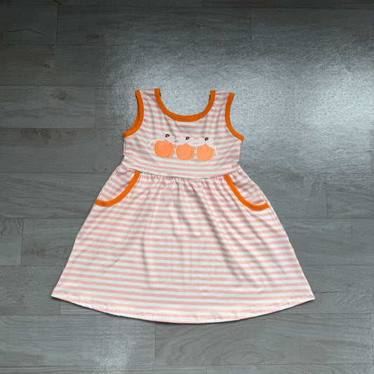 No moq Preorder Baby Girls Kids Embroidery Pumpkins Bows Stripes Pockets Dress Fall Clothe
