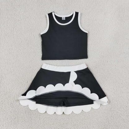 Baby Girls Kids Black Tops Scallop Skirt Shorts Yoga Active Set Clothes