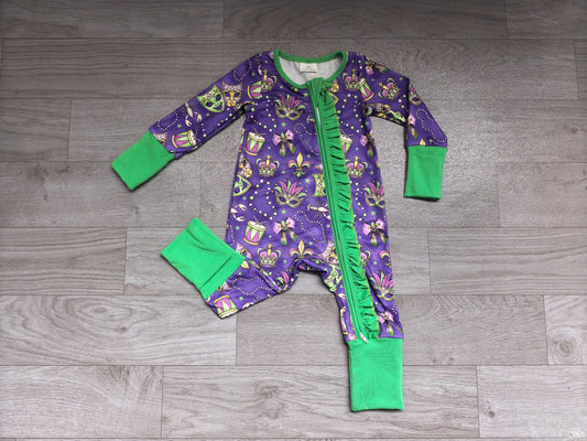 No moq Preorder Baby Girls Kids Masks Bows Mardi Gras Zipper Footie Sleeper Romper Clothes