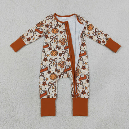 Baby Girls Kids Long Sleeves Pumpkins turkey Bows Zipper Footie Sleeper Fall Romper