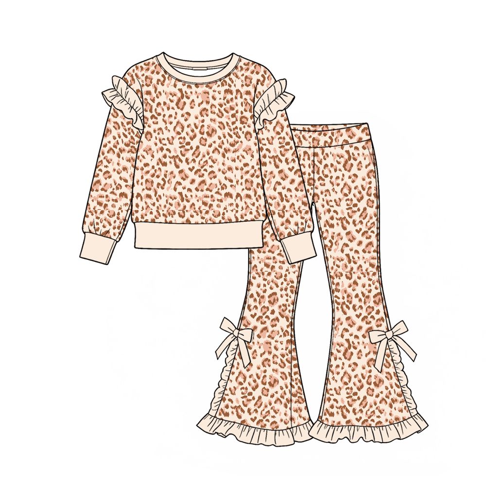 Moq 5 Preorder Baby Girls Kids Long Sleeves Leopard Shirt Bows Ruffle Pants Set Clothes