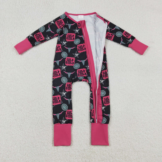 Baby Girls Long Sleeves Wild Child Western Cow Print Two-way Zipper Sleeper Romper