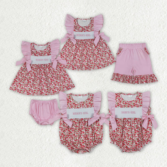 Sibling Baby Girls Kids Short Sleeves Embroidery Mama's Daddy's Flower Rompers Sets Clothes