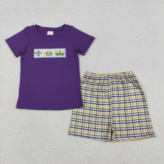Baby Boys Embroidery Anchors Donuts Masks Purple Shirt Plaid Shorts Mardi Gras Set