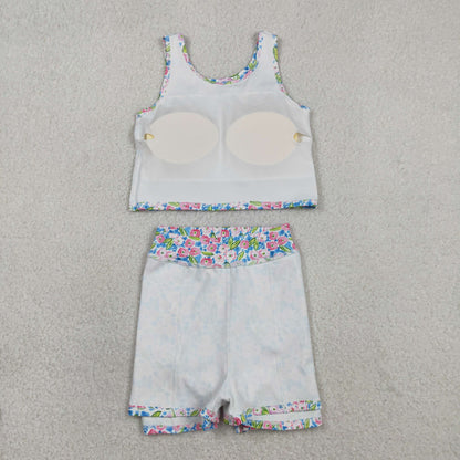 RTS Baby Girls Kids Sleeveless Flower Tops Shorts Skirt Yoga Active Blue Set