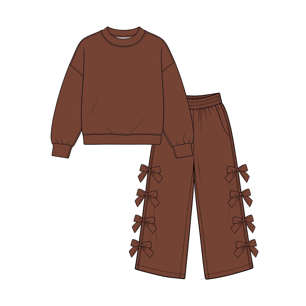 Moq 5 Preorder Baby Girls Kids Long Sleeves Brown Shirt Bows Pants Set Cotton Clothes