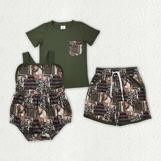 RTS Sibling Baby Boys Kids Deer Hats Camo Shirt Pockets Shorts Set Romper Hunting Clothes