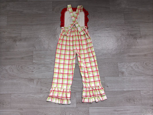 No moq Preorder Baby Girl Kids Christmas Green Face Plaid Ruffle Pants Jumpsuit Clothes