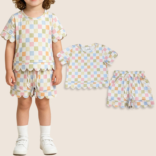 Baby Girls Kids Short Sleeves Colorful Checked Shirt Shorts Summer Set