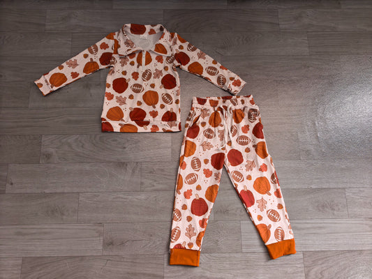 No moq Preorder Baby Boys Kids Pumpkins Football Zipper Pullover Pockets Pants Set Fall Clothes