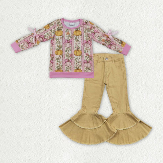 Baby Girls Pumpkins Bows Flower Shirt Jeans Denim Pants Set Fall Clothes