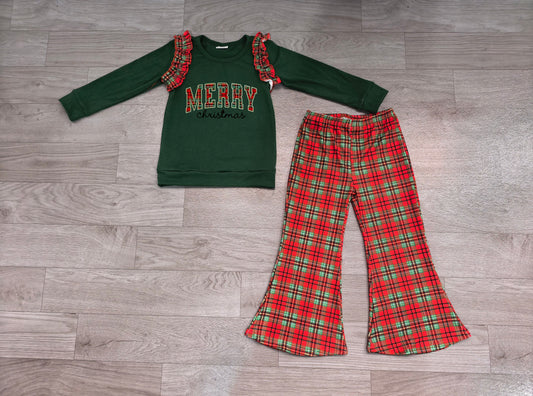 No moq Preorder Baby Girls Kids Embroidery Merry Christmas Green Tops Plaid Pants Set Clothes