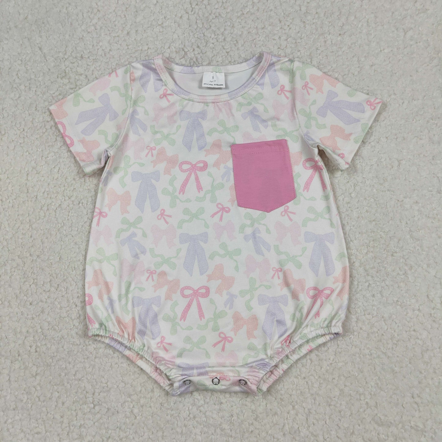 RTS Baby Girls Infant Short Sleeves Bows Pocket Bubble Romper