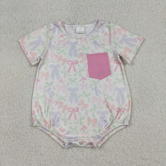 RTS Baby Girls Infant Short Sleeves Bows Pocket Bubble Romper