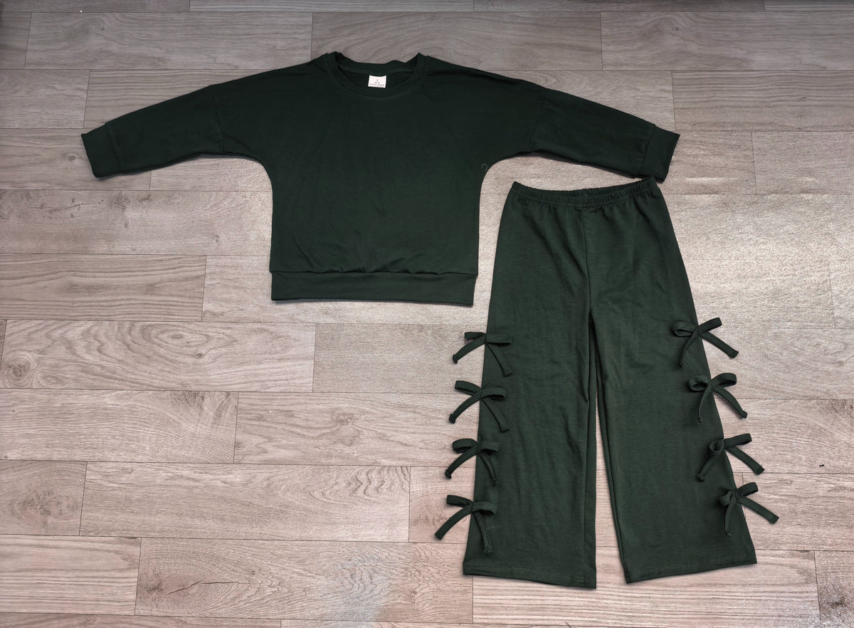 No moq Preorder Baby Girls Kids Long Sleeves Green Shirt Bows Pants Set Cotton Clothes
