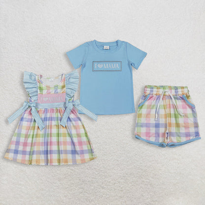 RTS Sibling Baby Boys Girls Kids Short Sleeves Embroidery I Love Mama Plaid Dress Set