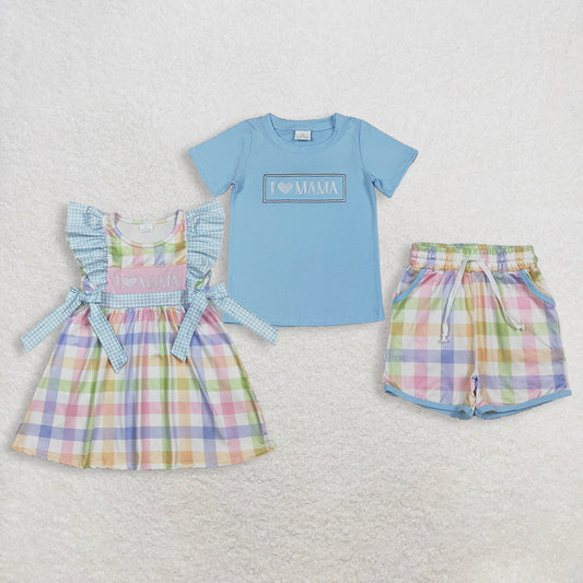 RTS Sibling Baby Boys Girls Kids Short Sleeves Embroidery I Love Mama Plaid Dress Set