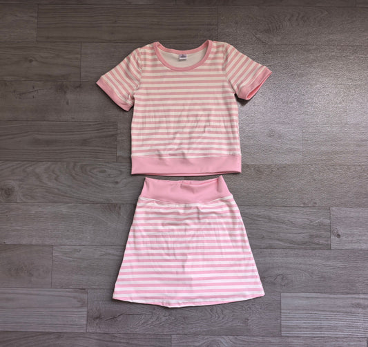No moq Preorder Baby Girls Kids Short Sleeves Shirt Pink Stripes Skirt Shorts Set Yoga Active Clothes