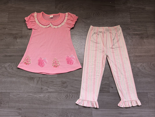 No moq Preorder Baby Girls Kids Embroidery Christmas Tree Tunic Stripes Pants Pink Set Clothes
