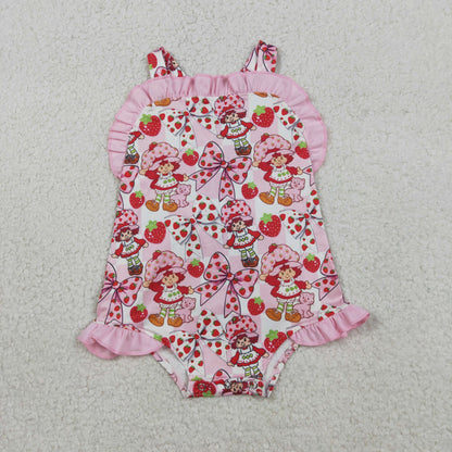 RTS Baby Girls Infant Sleeveless Strawberry Pink Bows Ruffle Romper