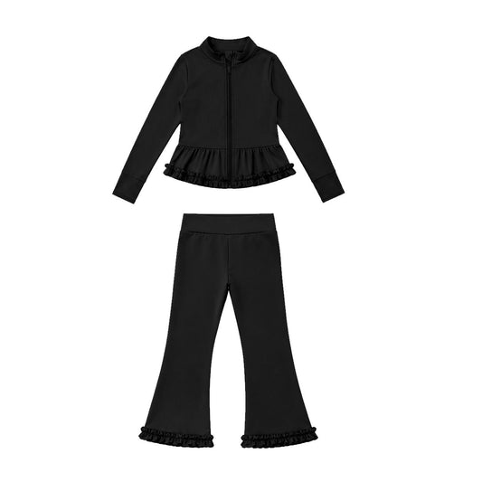 Moq 5 Preorder Baby Girls Kids Zipper Ruffle Cardigan Tops Pants Black Set Yoga Active Clothes
