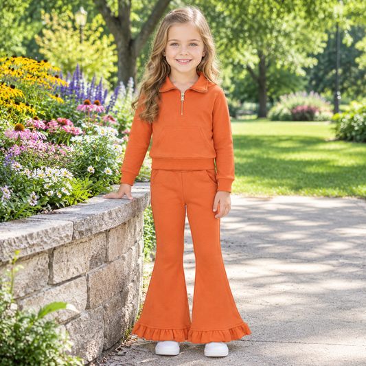 Baby Girls Kids Long Sleeves Orange Zipper Shirt Pockets Pants Set Sweatsuit‌ Cotton Clothes