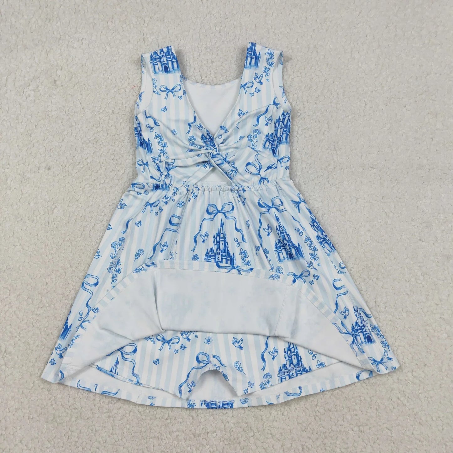 Sibling Baby Girls Kids Sleeveless Castles Bows Floral Shorts Knee Length Dresses