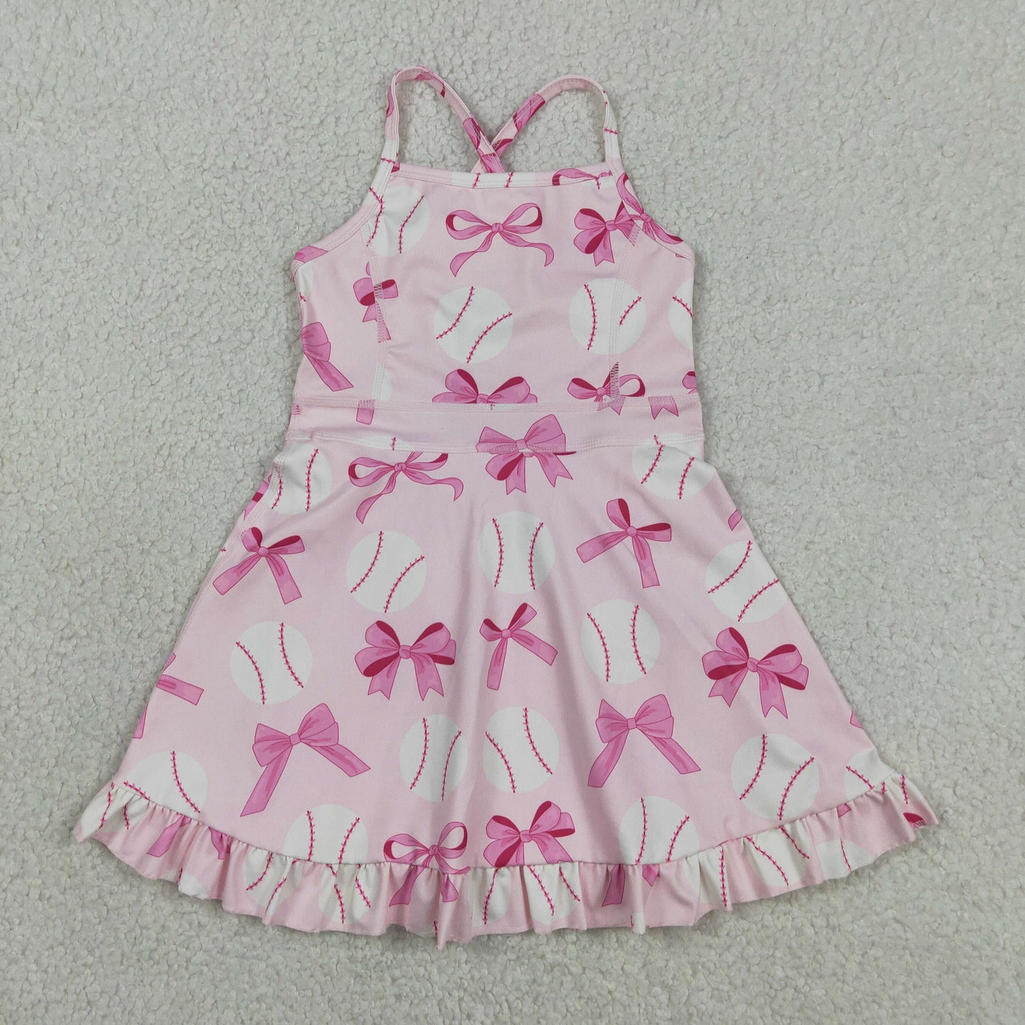 Baby Girl Straps Pink Bows Baseball Activity Wear Yoga Knee Length Dress