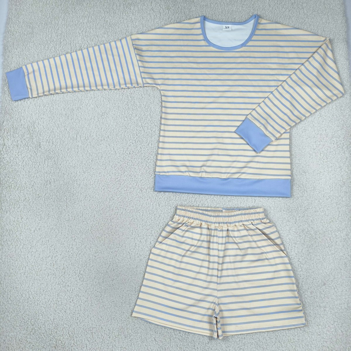 Adult Women Long Sleeves Yellow Blue Stripes Shirt Pockets Shorts Yoga Active Set RTS
