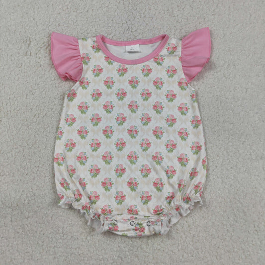 RTS Baby Girls Infant Short Sleeves Flowers Bows Bubble Romper