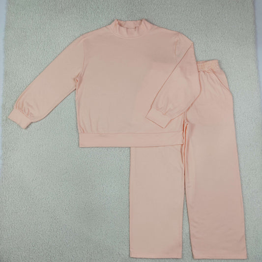 Adult Women Long Sleeves Pink Shirt Pockets Pants Cotton Set Mock Neck Clothes RTS